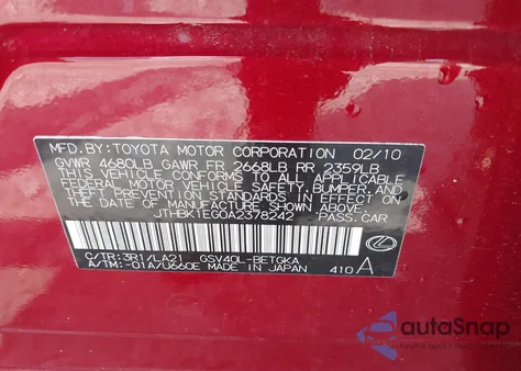 2010 Lexus Es 350 from USA, damaged, VIN JTHBK1EG0A2378242